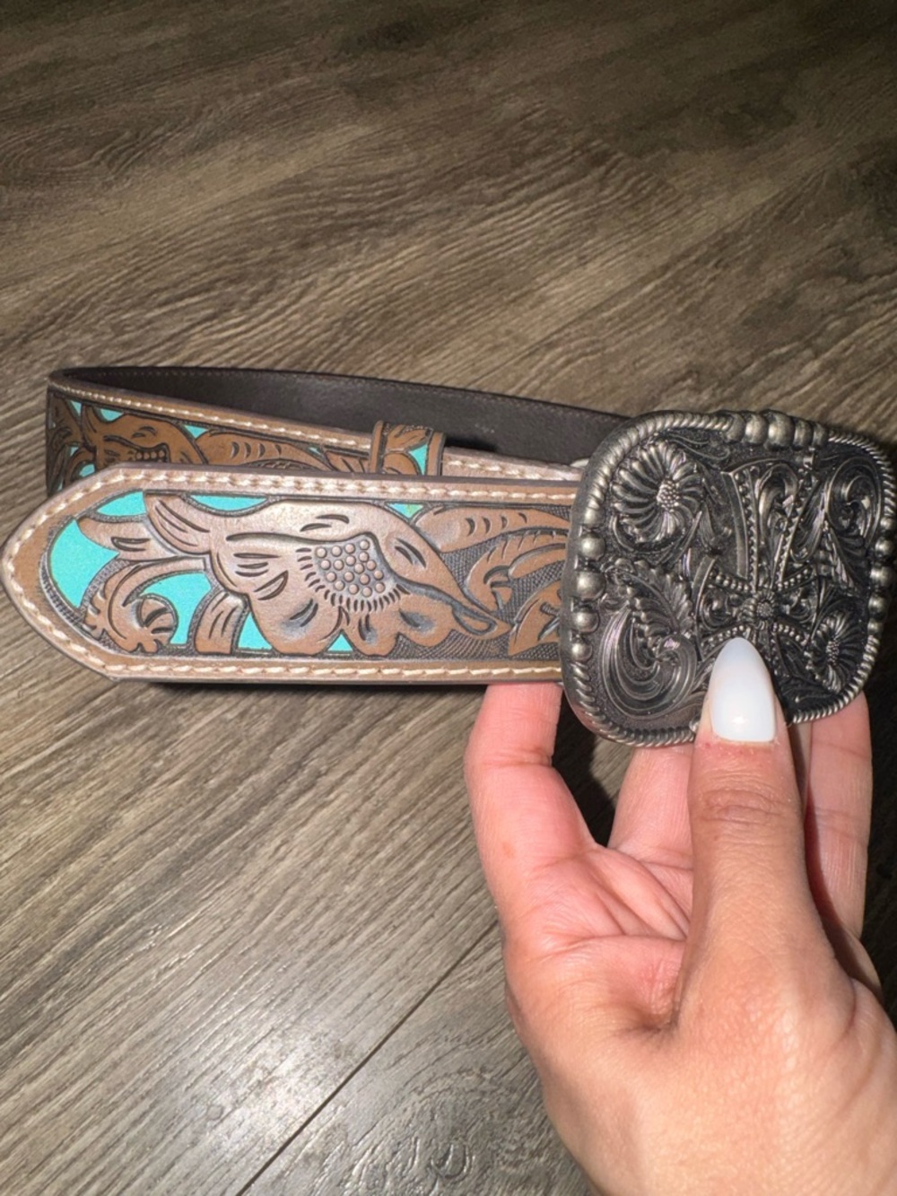 Shyanne Brown Tooled Leather Belt with Turquoise Accent and Ornate Silver Buckle